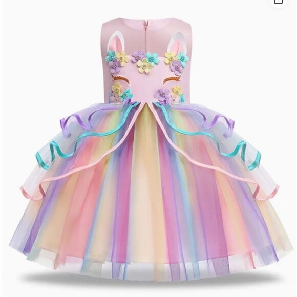 NEW! Little Girl Princess Unicorn Frilled Colorful Rainbow Mesh Hem Ball Gown - Picture 1 of 6